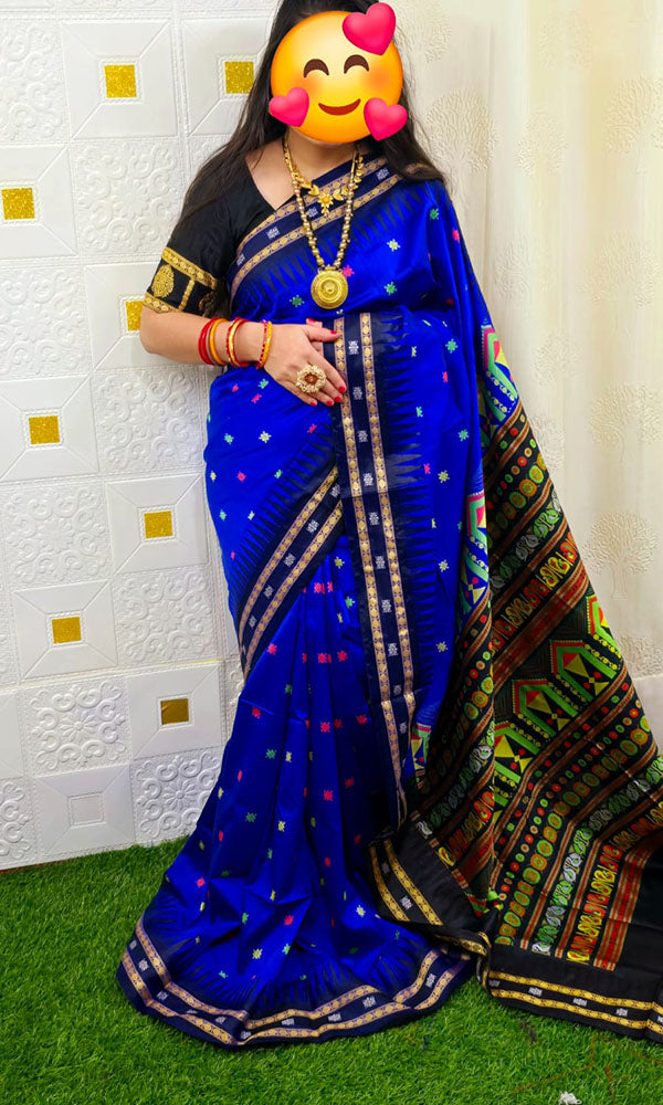 Sambalpuri Blue Patch Work Silk Saree