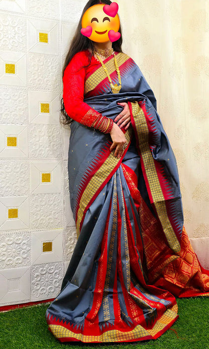 Sambalpuri Floral Motif Silk Saree Silver